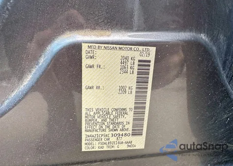 2019 Nissan Leaf S z USA, uszkodzony, nr VIN 1N4AZ1CP5KC309480